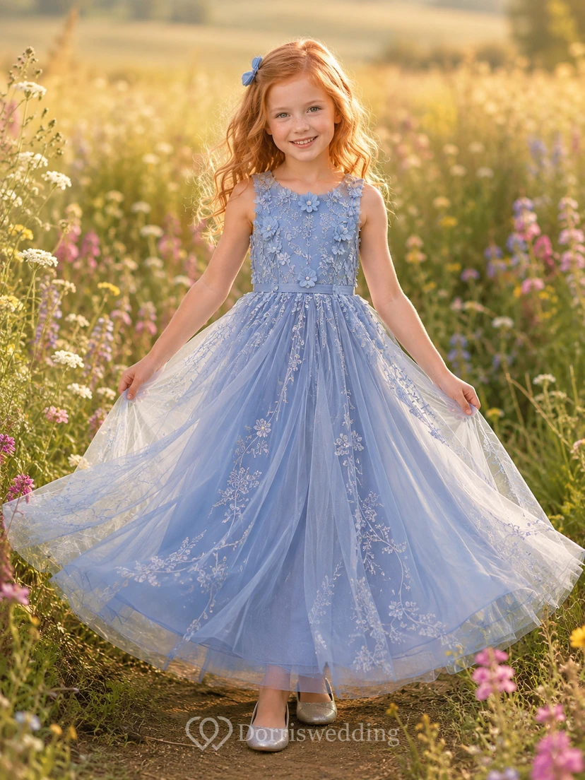 Sky Blue Flower Girl Dress Luxury Ankle-Length Ball Gown Sleeveless 3D Floral Embroidered Tulle