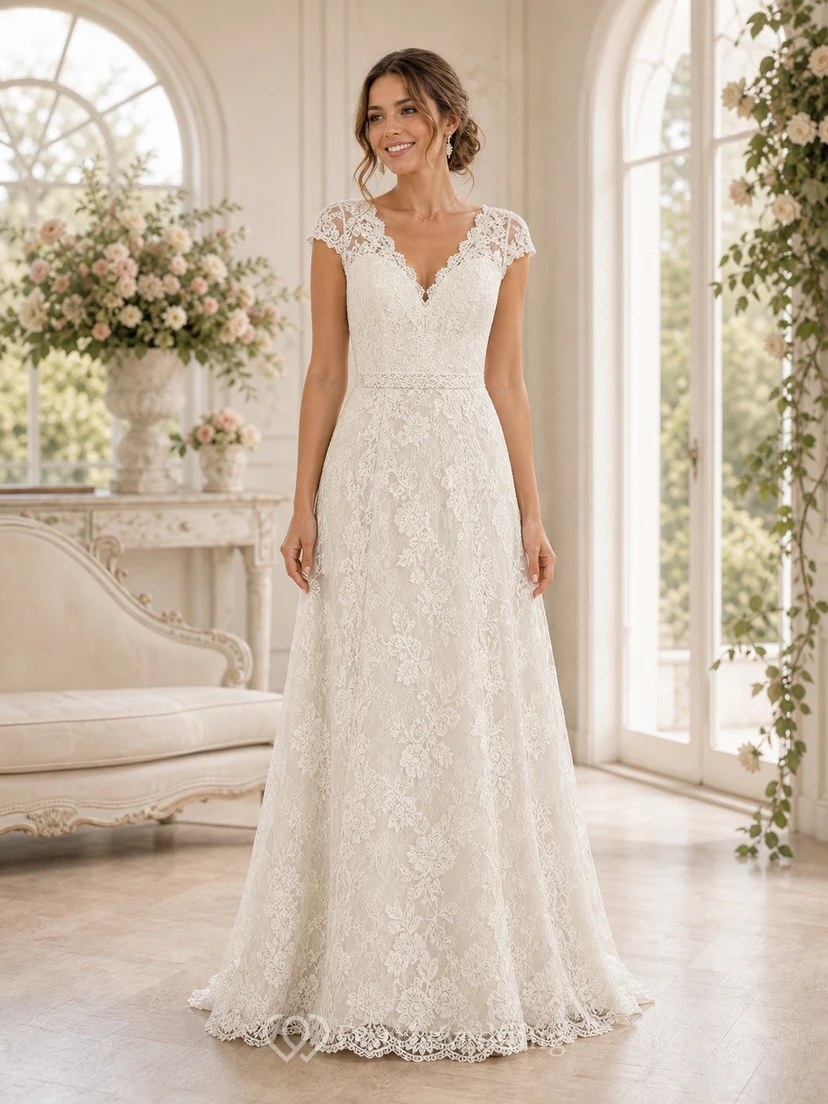 Vintage-Hochzeitskleid mit Spitze und Empire-Kappe in Elfenbeinweiß