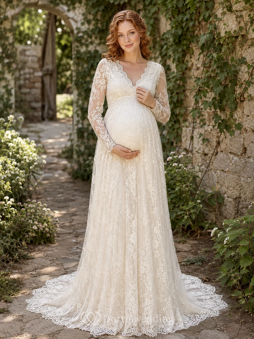 Vestido de novia premamá de manga larga con encaje integral, corte A, estilo jardín con cola.