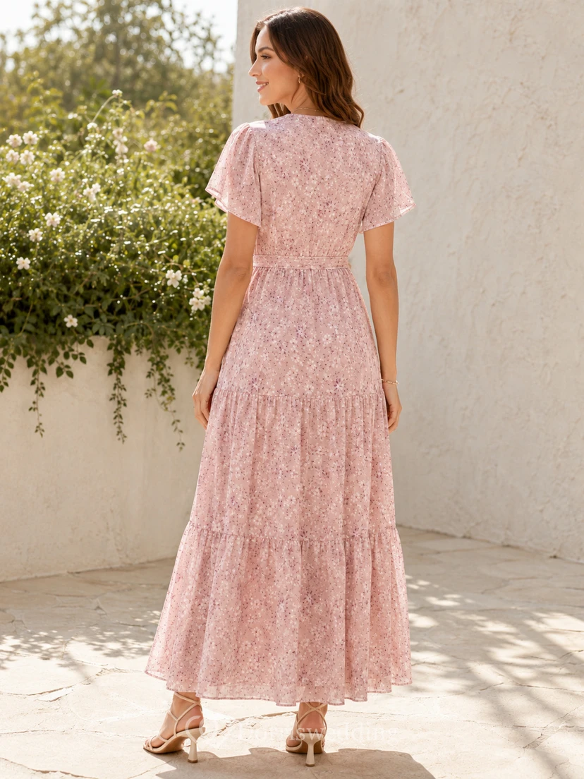 Rosafarbenes, geblümtes Wickelkleid mit V-Ausschnitt, flatternden Ärmeln und Stufenrock view 2