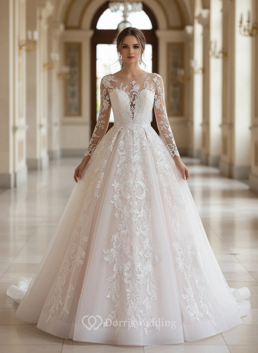 Robe de mariée élégante en dentelle à manches longues