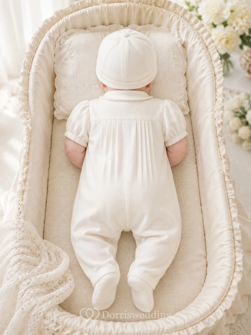 White Cross Embroidered Puff Sleeve Newborn Christening Footie for Baby Boy view 2