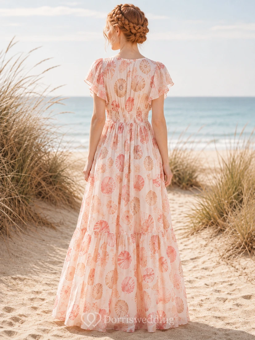 Peach Seashell Print V Neck Flutter Sleeve Maxi Dress view 2