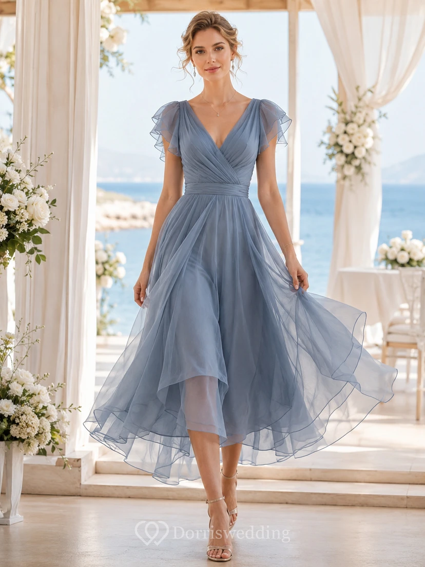 Slate Blue V Neck Flutter Layered Organza Guest Dress