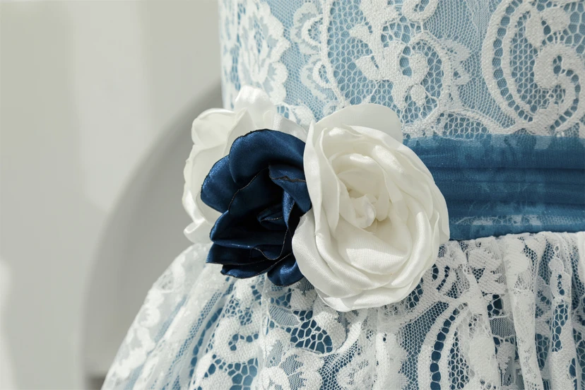 Lace Two-Tone White and Blue Ball Gown Flowergirl Dress with Petals view 5