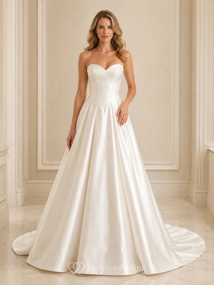 Robe de mariée minimaliste en satin, coupe trapèze, bustier cœur, traîne.