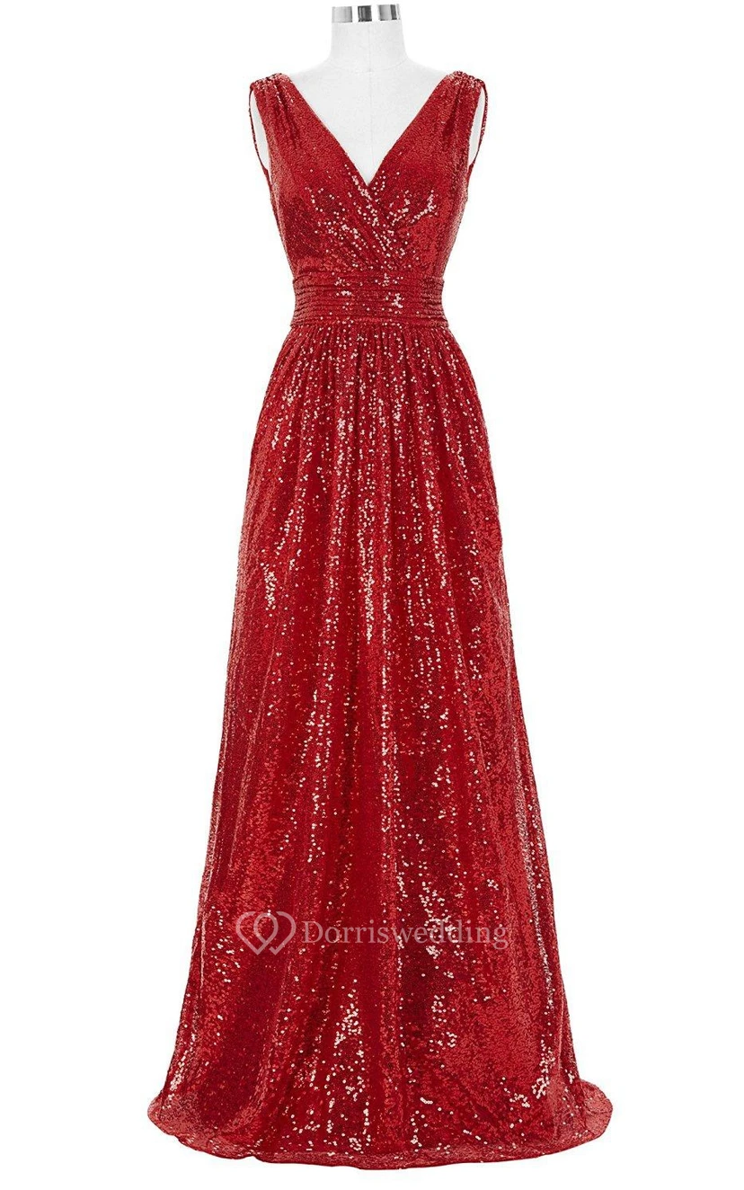 Stunning Sleeveless V-neck Sequined Floor-length Dress