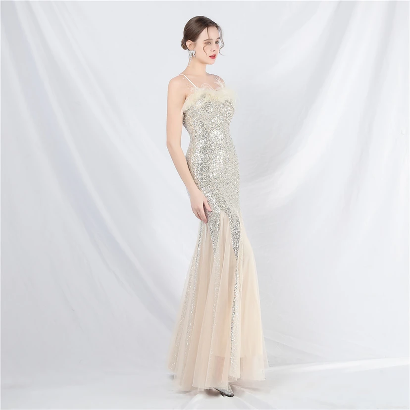 Craft Ostrich Feather Mesh Sequined Long Evening Dress view 12
