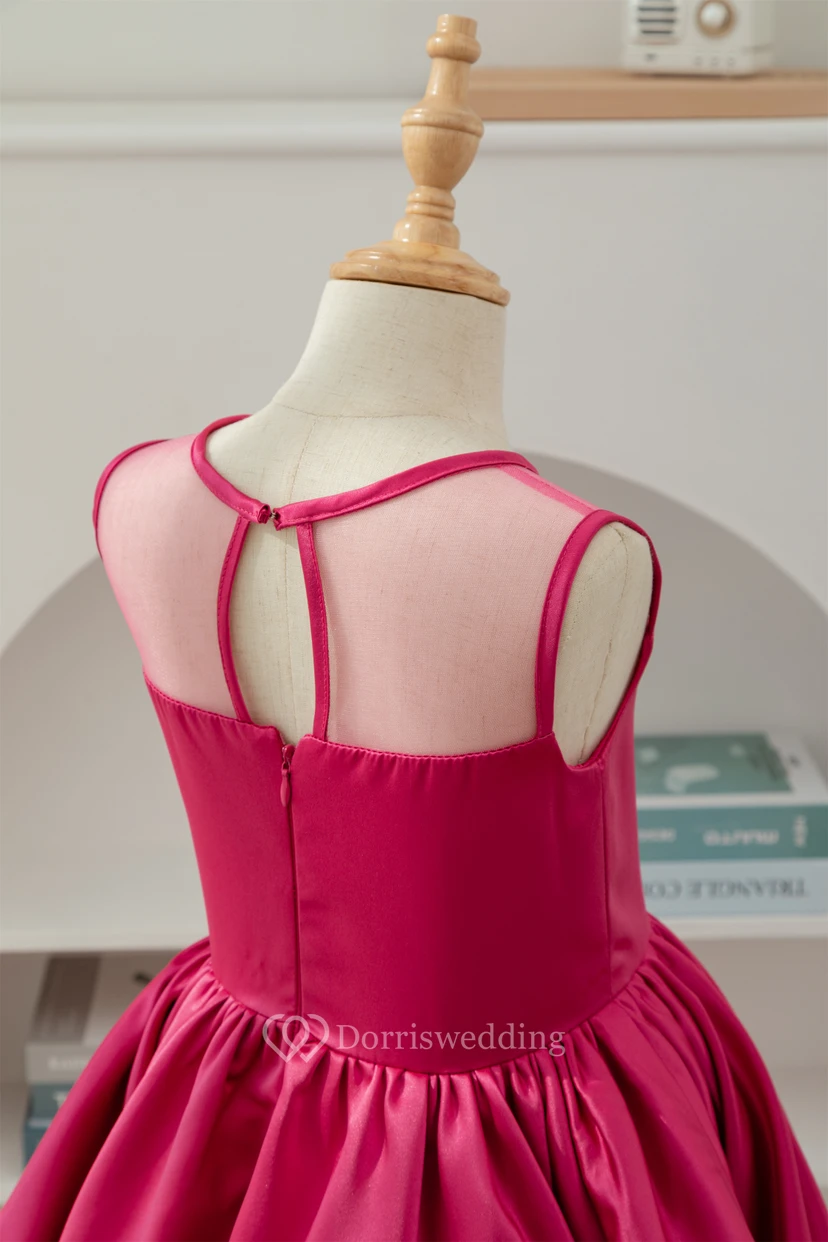 A-line Short Satin Layered Fuchsia Flowergirl Dress view 8