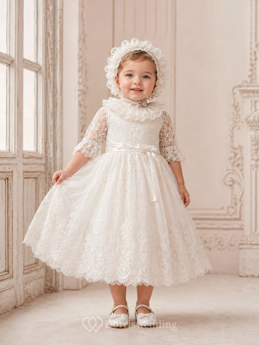 Baby Baptism Christening Ceremony Dress A-Line Tea-Length Jewel Neck Half Sleeve Tulle Lace Bow Back Button Back