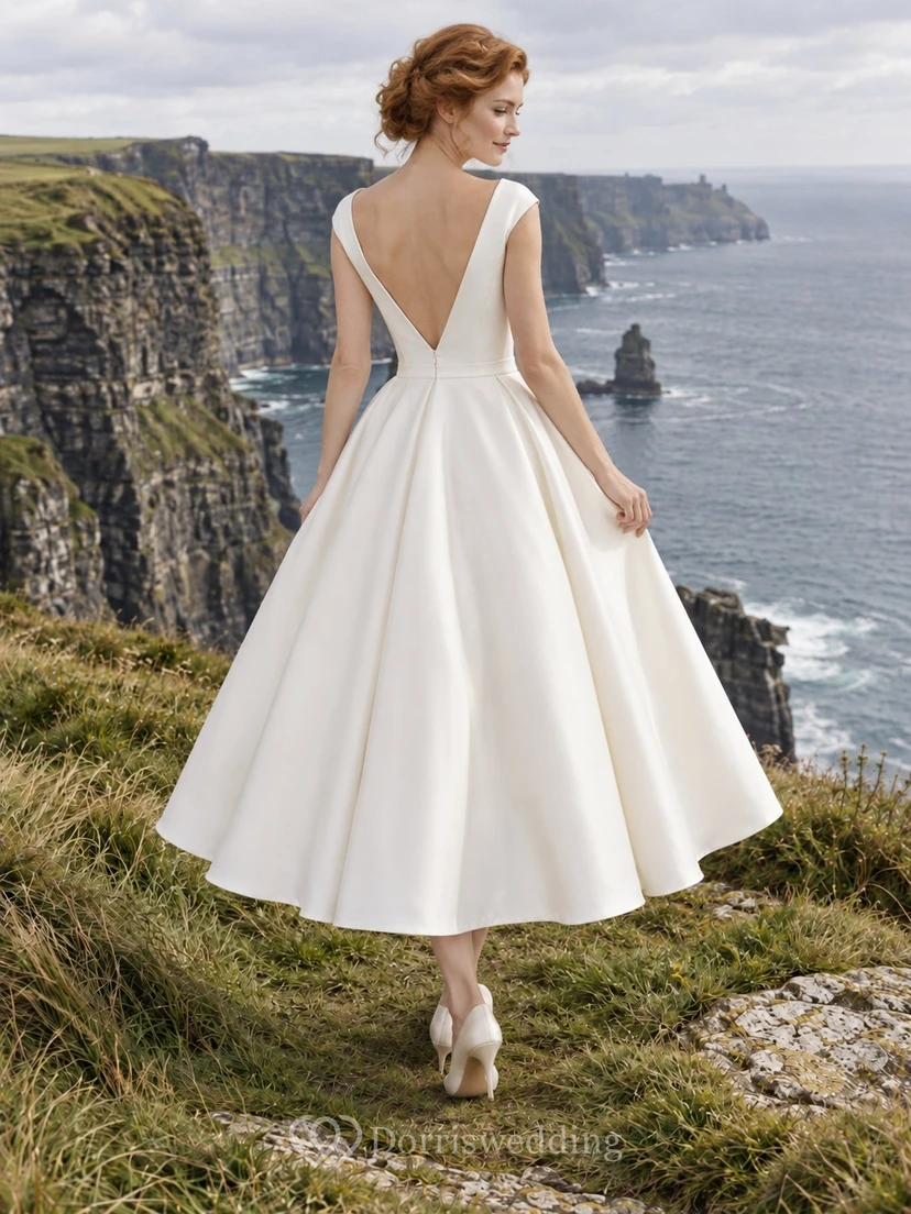 Vestido de novia vintage sencillo de satén mate, corte en A, largo hasta la rodilla, escote barco y manga corta view 2