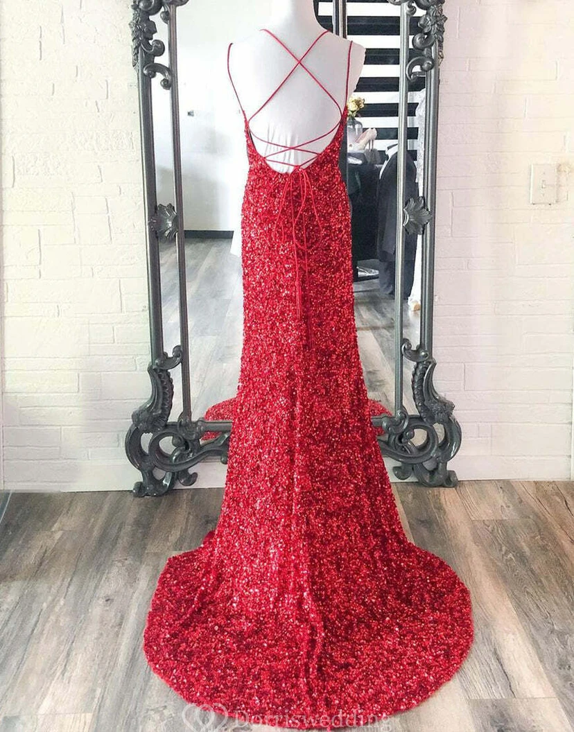 Spaghetti Sexy Front Split Sequin Sheath Floor-length Dress view 10