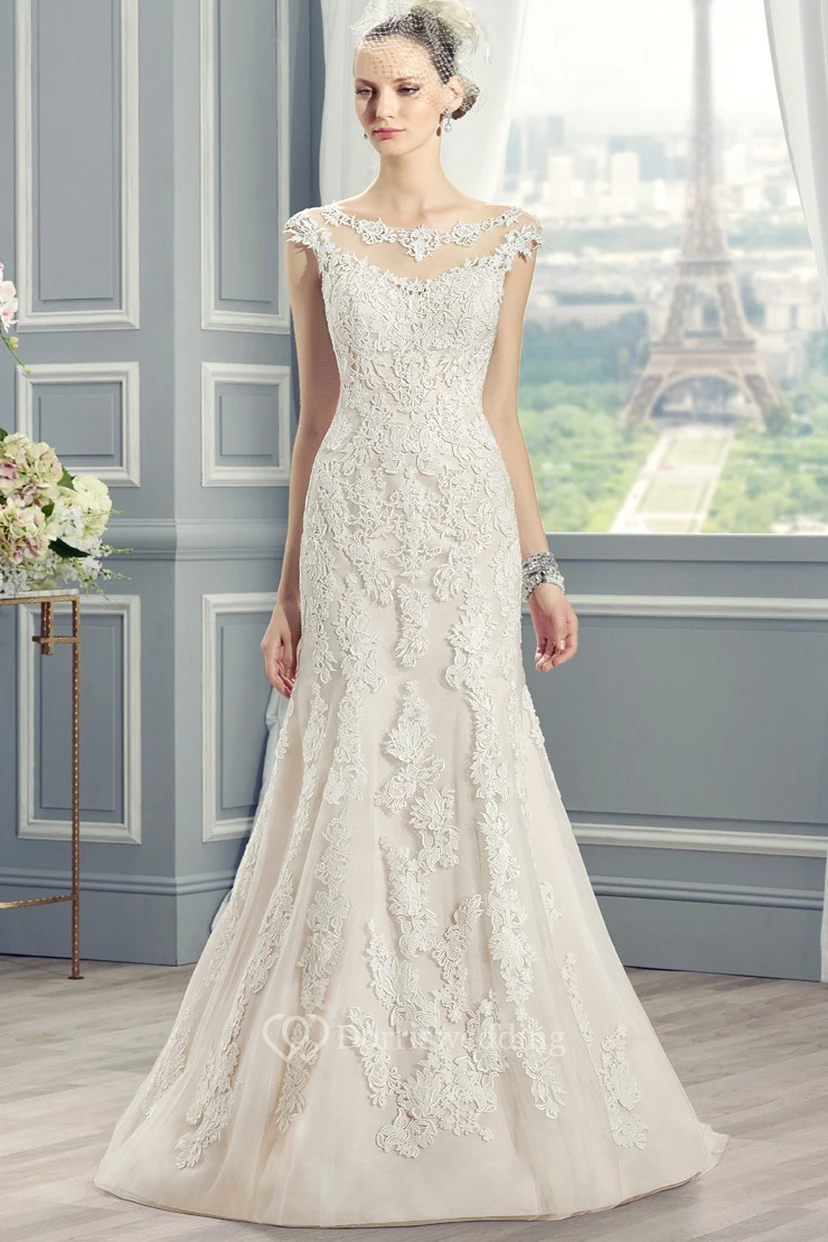 Sheath Scoop-Neck Long-Sleeveless Jeweled Lace Wedding Dress With Appliques And Deep-V Back