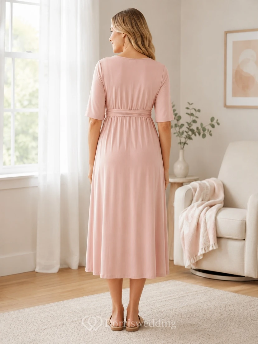 Blush Jersey V-neck Half Sleeve Empire Tea-length Maternity Dress view 2
