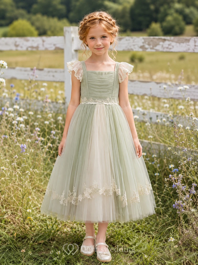 Sage Romantic Country Lace Tulle Flower Girl Tea-Length Petal Sleeve Garden V-Back Dress
