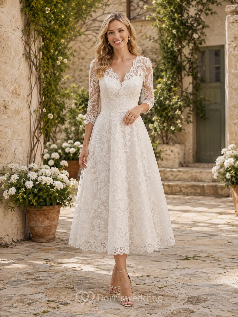Vestido de novia bohemio de largo midi con escote en V y mangas tres cuartos de encaje, estilo campestre romántico.