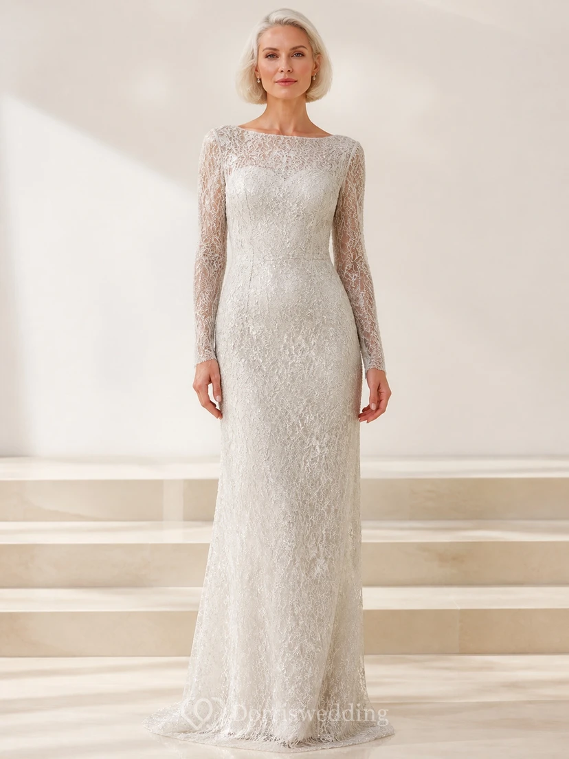 Vestido de novia de encaje de manga larga hasta el suelo para novias mayores y modestas