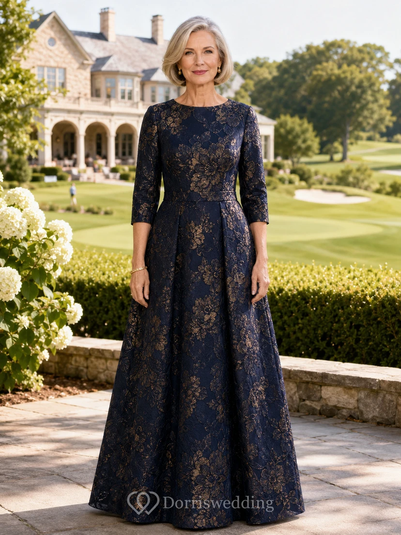 Marineblaues, goldfarbenes, florales Jacquard-Kleid in A-Linie, bodenlang