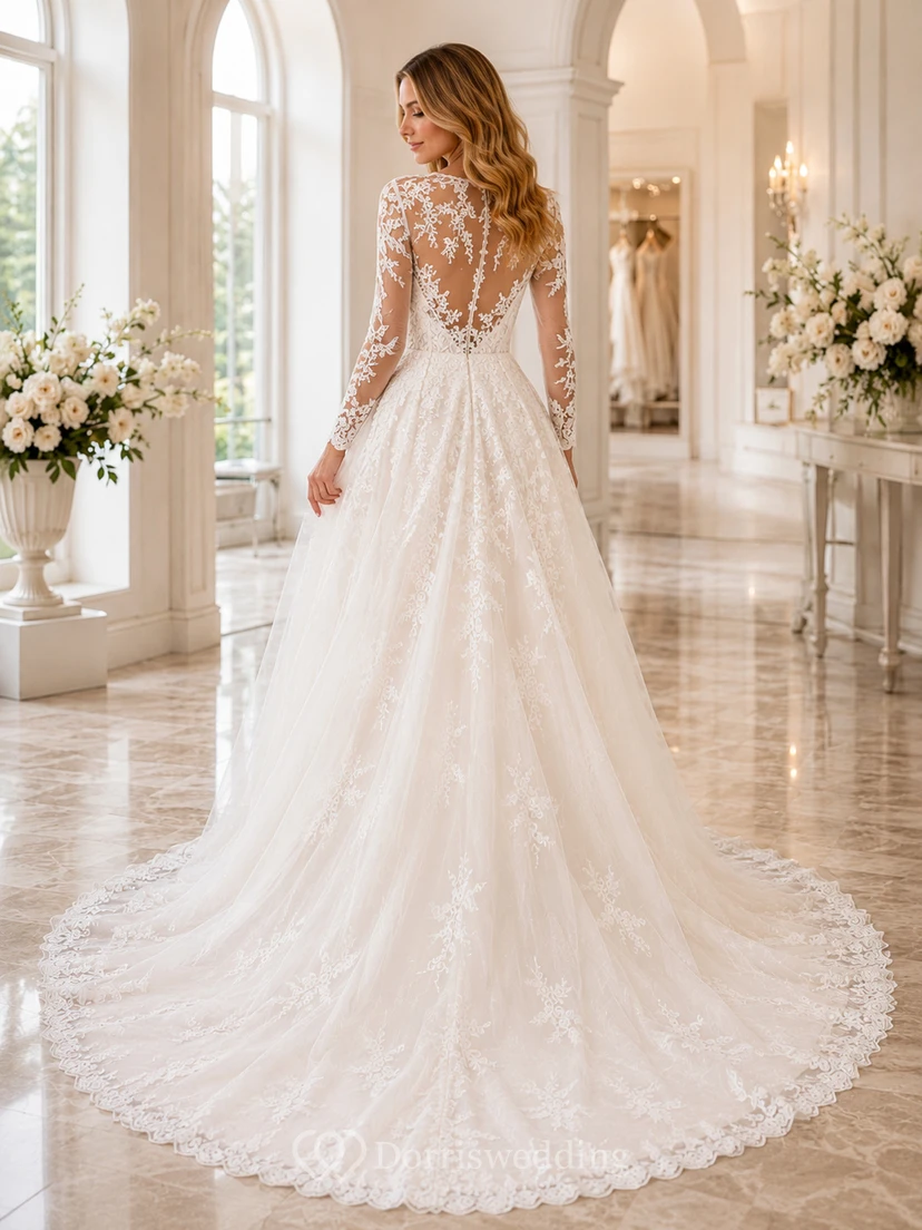 Robe de mariée raffinée en dentelle et tulle, décolleté en V profond, manches longues transparentes, coupe trapèze, traîne chapelle, applications florales et dos illusion view 2
