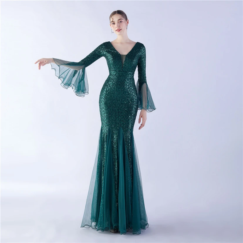 Vestido de noche con lentejuelas, bordado de malla encriptada, estilo artesanal de seda de pez y borde ondulado. view 56