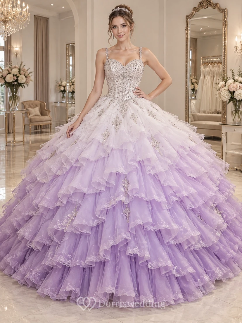 Lilac Ombre Sweetheart Spaghetti Wedding Ball Gown with Beaded Lace Edged Organza Cascades