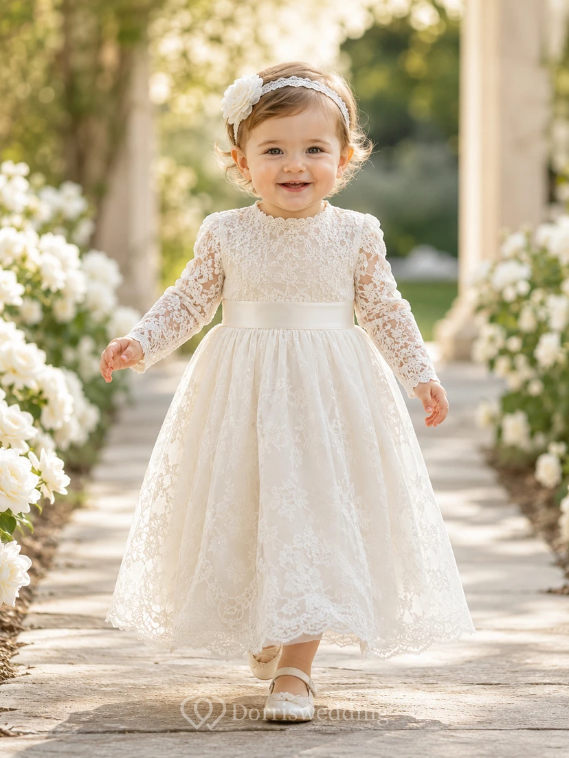 Long Sleeve Christening Dress A-Line Lace Tulle High Neck Bow Back
