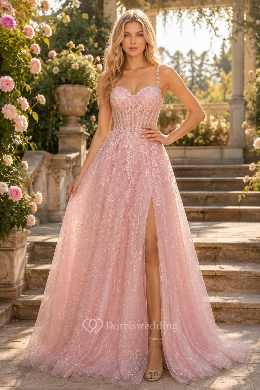 Blushing Pink Glitter Tulle A-Line Prom Dress with Sweetheart Bodice and Front Slit