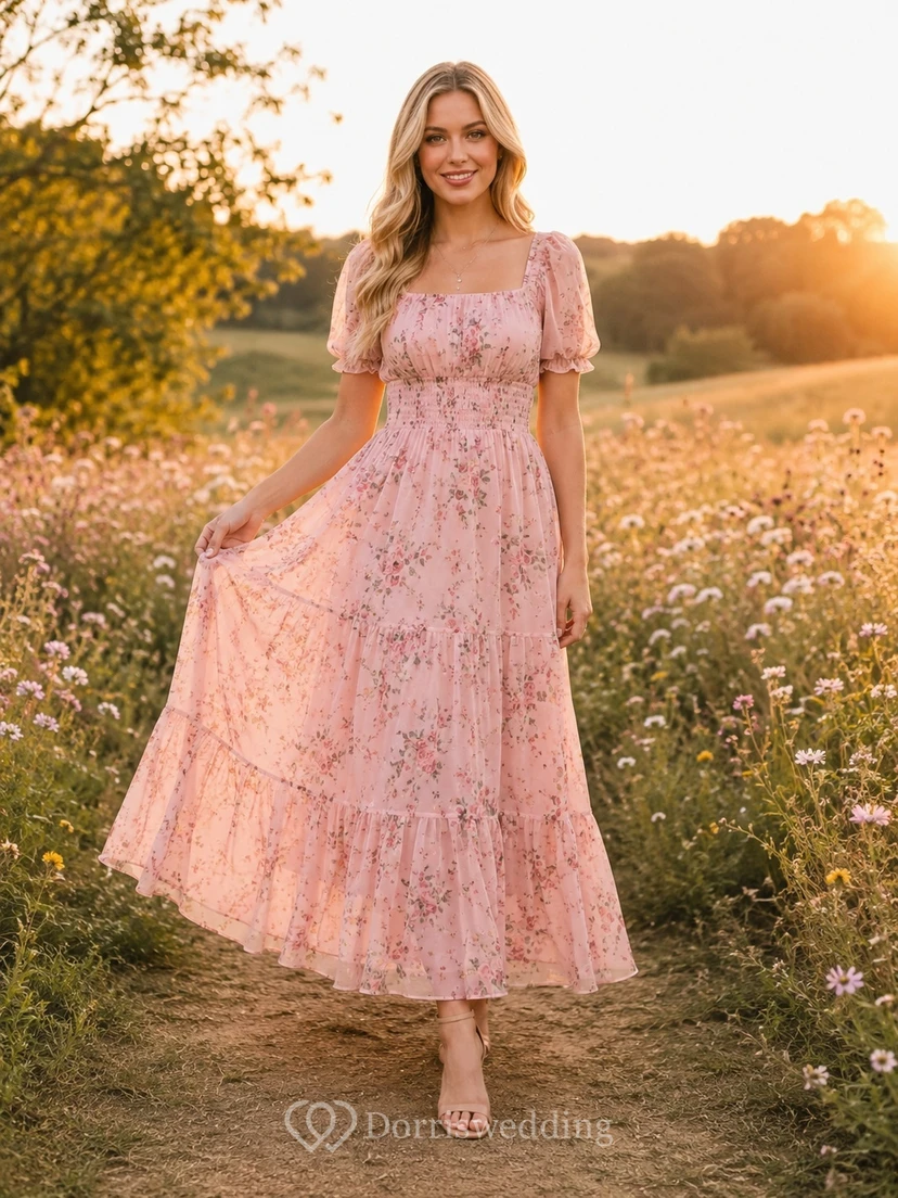 Perlmuttrosa, geblümtes Chiffonkleid mit eckigem Ausschnitt, Puffärmeln und A-Linien-Schnitt, knöchellang