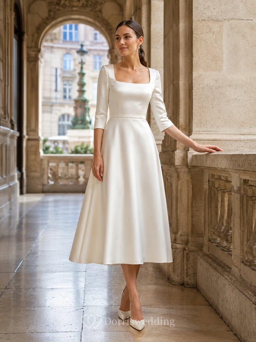 Robe de mariée mi-longue trapèze en satin à col carré, style mairie