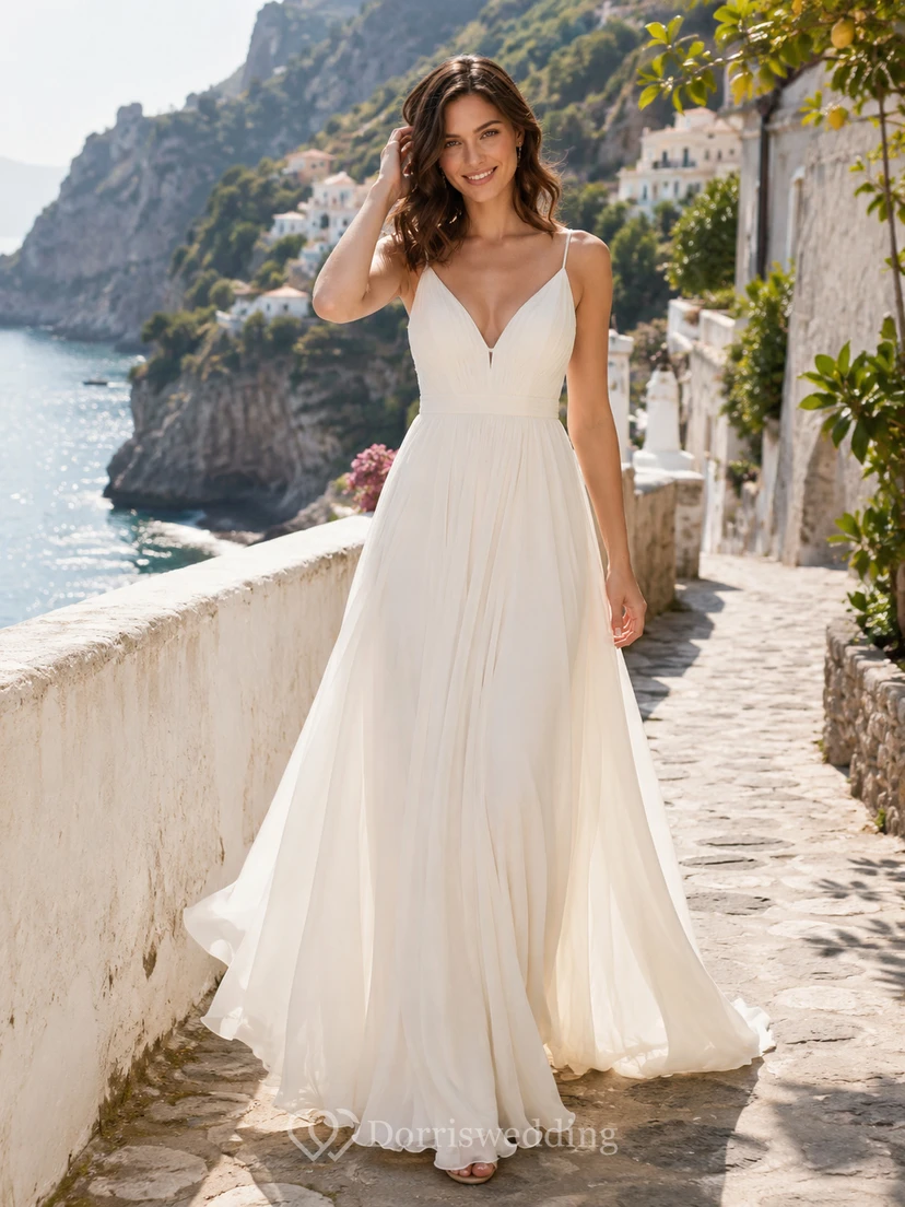 Chiffon-Brautkleid mit tiefem Rückenausschnitt und V-Ausschnitt für eine mediterrane Hochzeit an einer Klippe