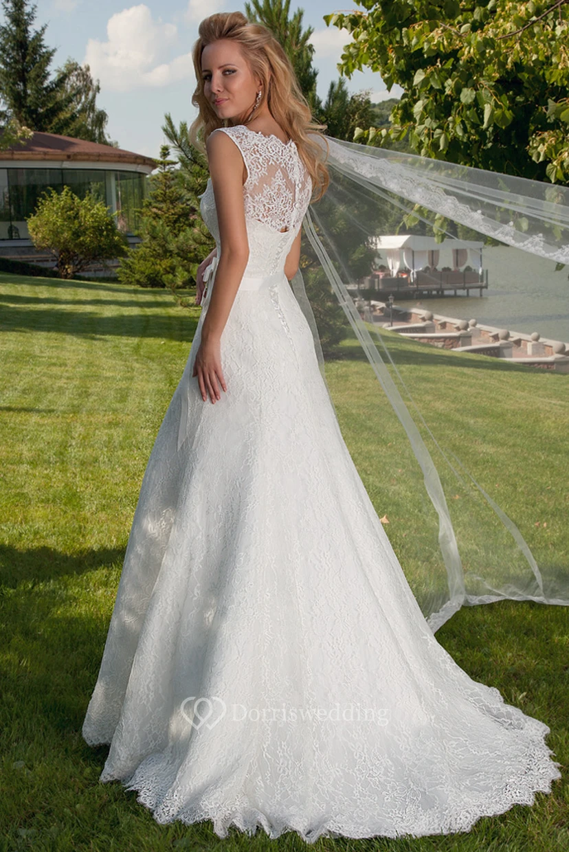 A-Line Bowed Bateau Floor-Length Sleeveless Lace Wedding Dress With Illusion Back And Court Train view 2