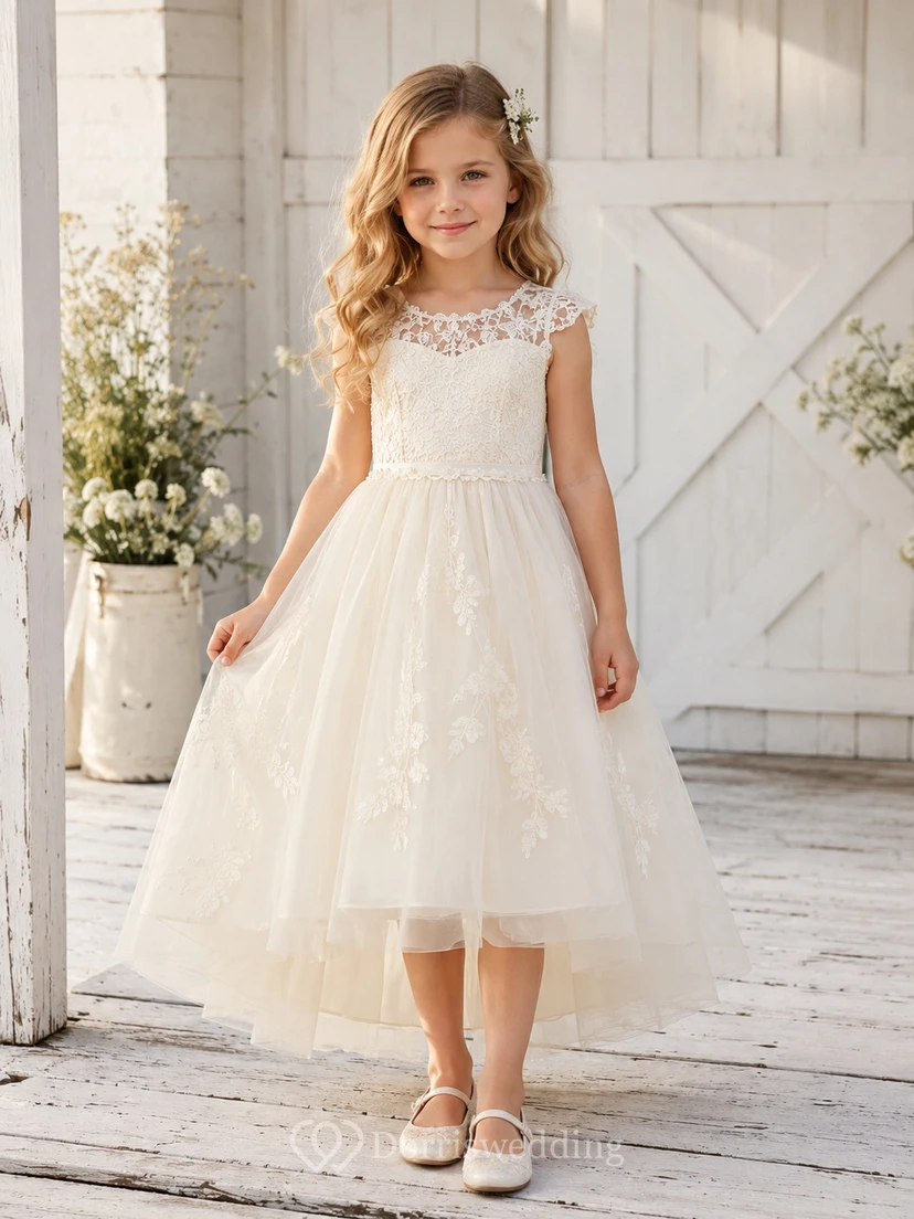A-Line Flowergirl Lace Tulle Tea-Length Cap Sleeve Farmhouse Wedding Dress
