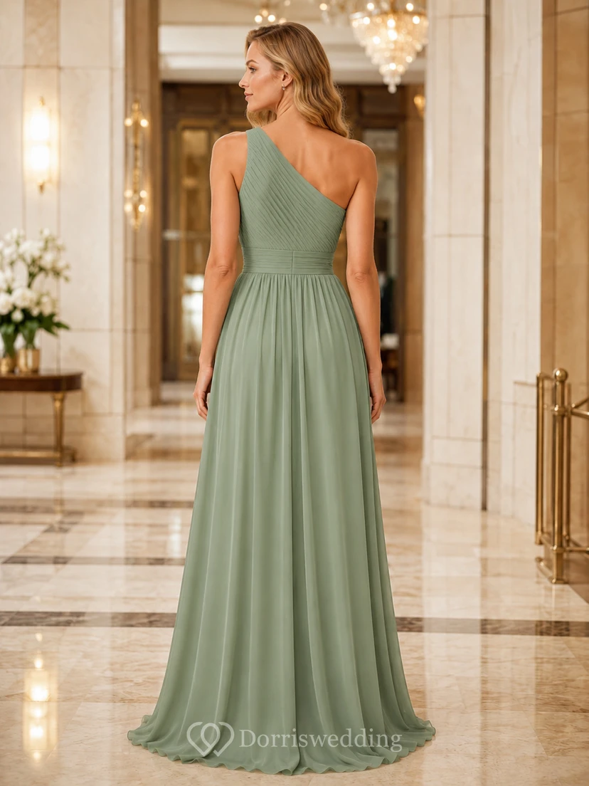 Luxury Hotel Formal Sage Simple Elegant A-Line Chiffon Bridesmaid Dress with One-Shoulder Sleeveless Floor-Length Pleated Open Back view 2