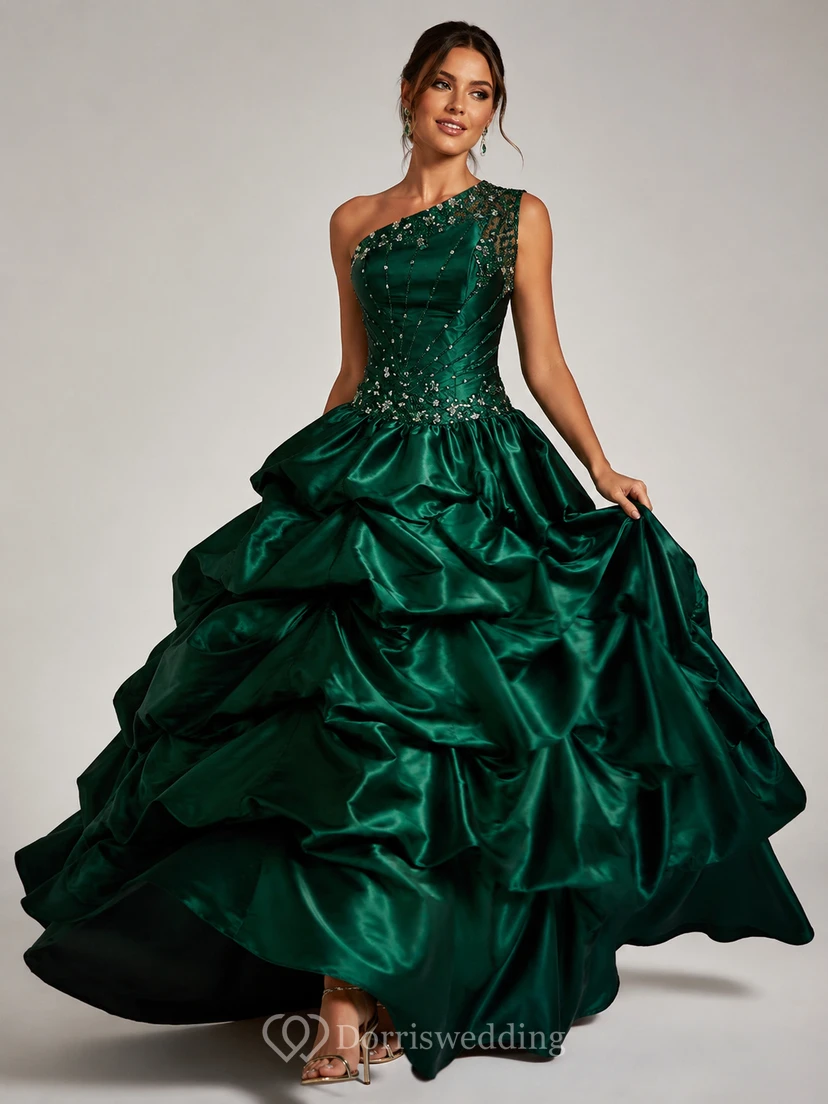 One-shoulder Ballgown With Ruffles and Beadings view 3