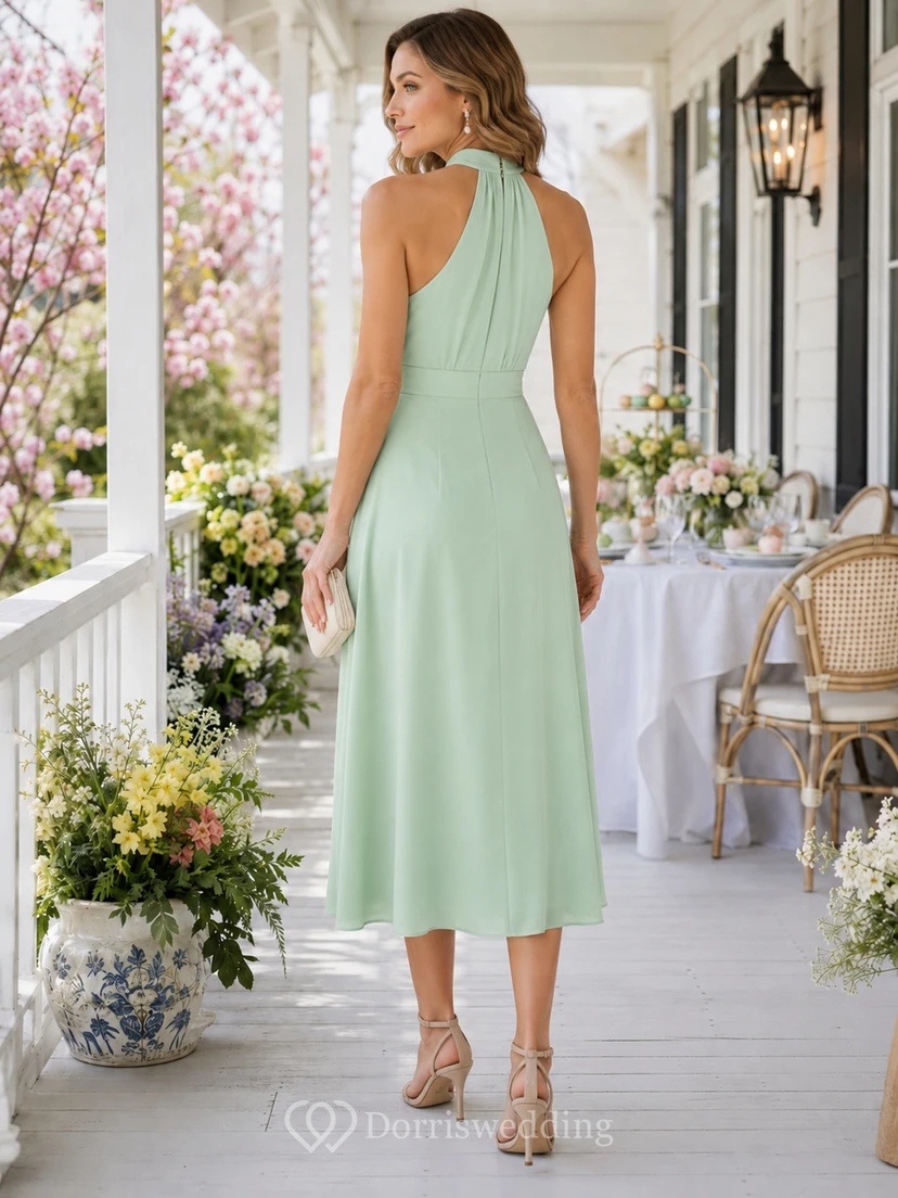 Mint Green Halter High Neck Draped A Line Midi Dress view 2