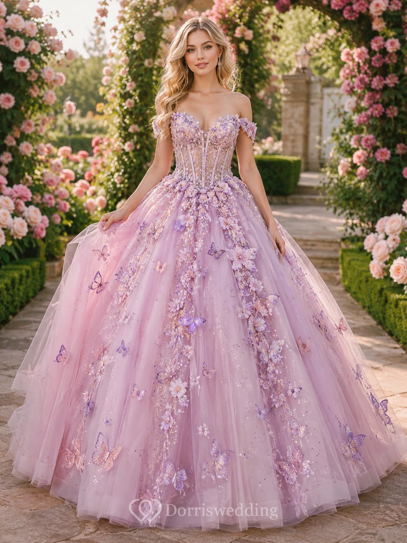 Vestido de princesa de quinceañera con estampado floral y hombros descubiertos, color lila rubor, con jardín de mariposas y estampado de mariposas.