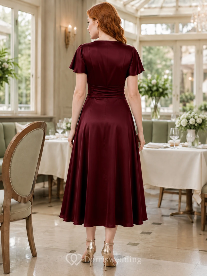 Burgunderfarbenes A-Linien-Midikleid aus Satin mit V-Ausschnitt, flatternden Ärmeln view 2