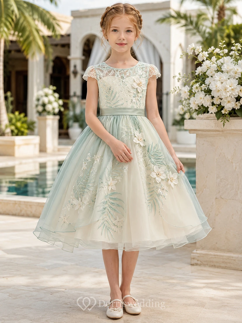 Elegantes, romantisches Blumenmädchenkleid mit Rundhalsausschnitt, kurzen Ärmeln, aus hellgrünem Tüll, teelang, mit botanischen Blumen