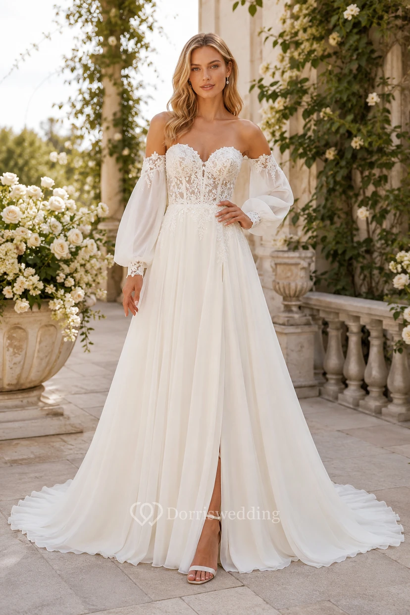 Vestido de novia bohemio de gasa y encaje, corte en A, hombros descubiertos, manga larga, cola capilla con abertura.