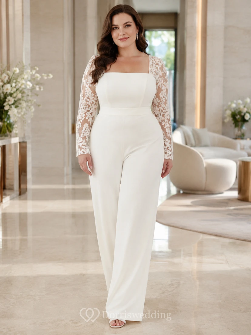 Braut-Jumpsuit aus Satin und Spitze mit eckigem Ausschnitt, langen Ärmeln und bodenlanger Länge