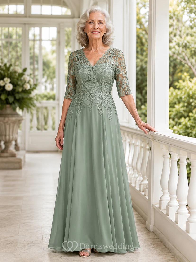 Celadonfarbenes Mutterkleid mit V-Ausschnitt, Dreiviertelärmeln aus Spitze und A-Linie – romantischer Gartenstil
