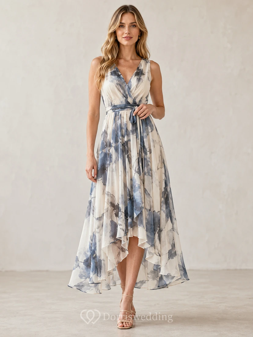 Vestido de invitada de gasa con escote en V y corte asimétrico, color lavado tinta.