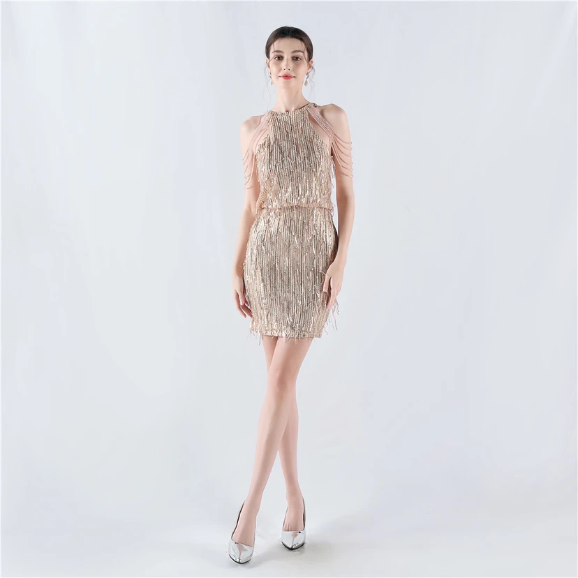 Tassel Sequined Halter Neck Beaded Sexy Hip-Wrapped Nightclub Short Dress view 2