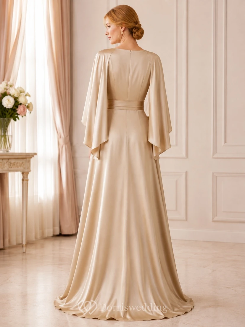 Champagne Satin High Neck Poet Sleeve A-Line Formal Gown view 2