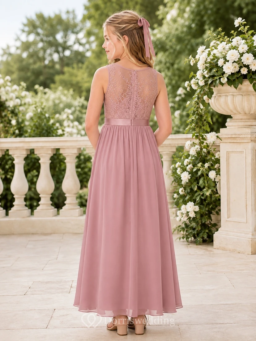Brautjungfernkleid in Altrosa, A-Linie, ärmellos, aus Spitze und Tüll, bezaubernd und romantisch view 2