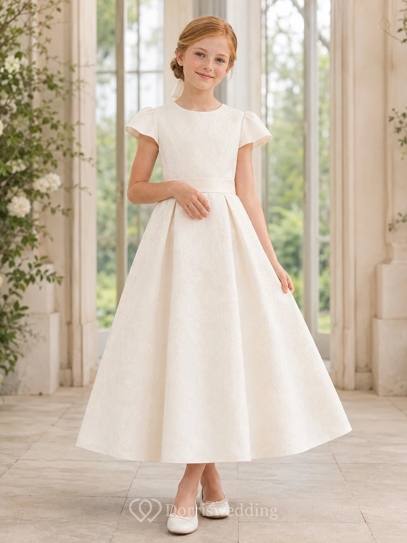 Vestido de té de primera comunión discreto con mangas cortas y escote barco en jacquard.
