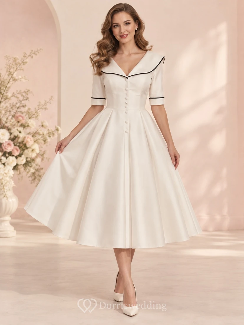 Vintage Teelänge Brautkleid mit V-Ausschnitt, schwarzem Paspelkragen im Matrosenstil, halben Ärmeln und Knopfleiste vorne in A-Linie