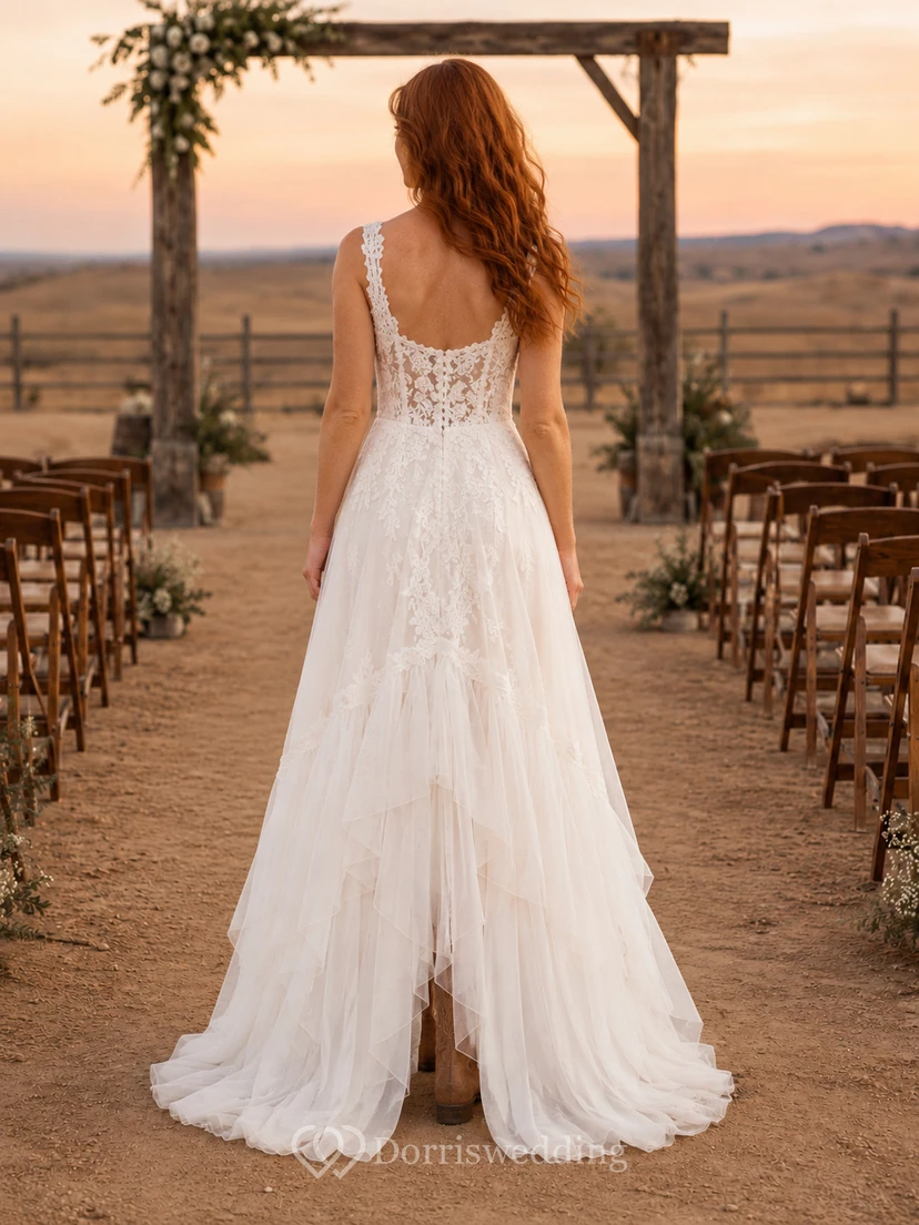 Western Rustic Straps Lace Tulle A-Line Wedding Dress view 2