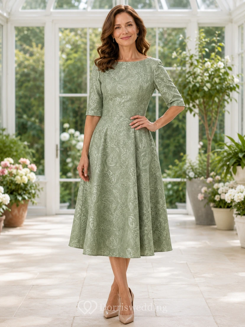 Salbeigrünes Vintage-Kleid in Teelänge, A-Linie, Jacquard-Muster, Rundhalsausschnitt und halben Ärmeln