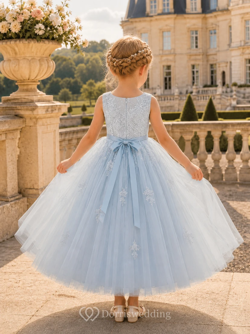 Princess Luxury Flower Girl Dress Square Neck Sleeveless Sky Blue Tulle Ball Gown Floor Length view 2
